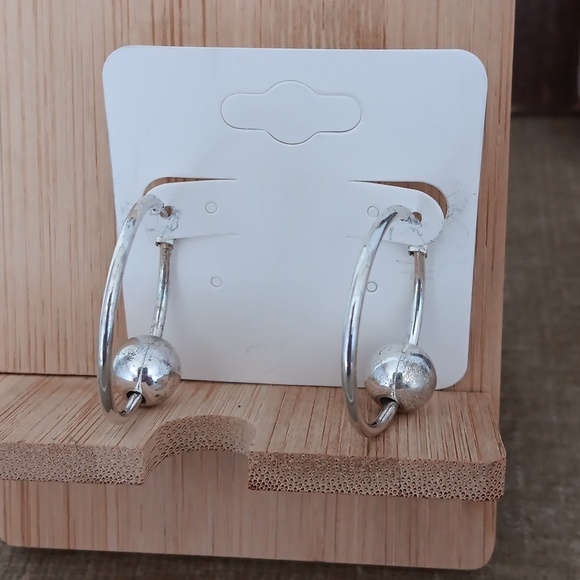 Silver Tone Latch Back Bead Hoop Earrings - Picture 5 of 6